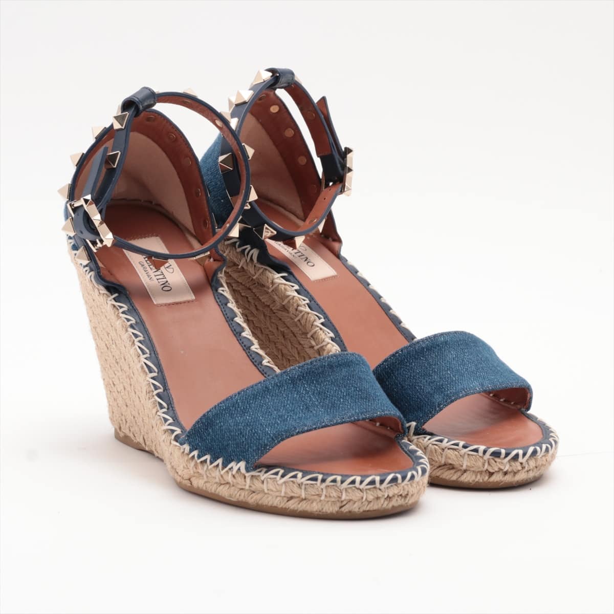 Valentino Garavani Rock Studs Denim Wedge Sole Sandals 36 Ladies' Blue