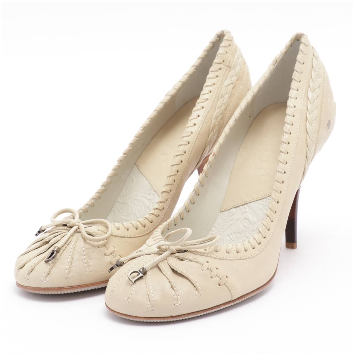 DIOR Leather Pumps 37 Ladies' Beige embroidery Ribbon