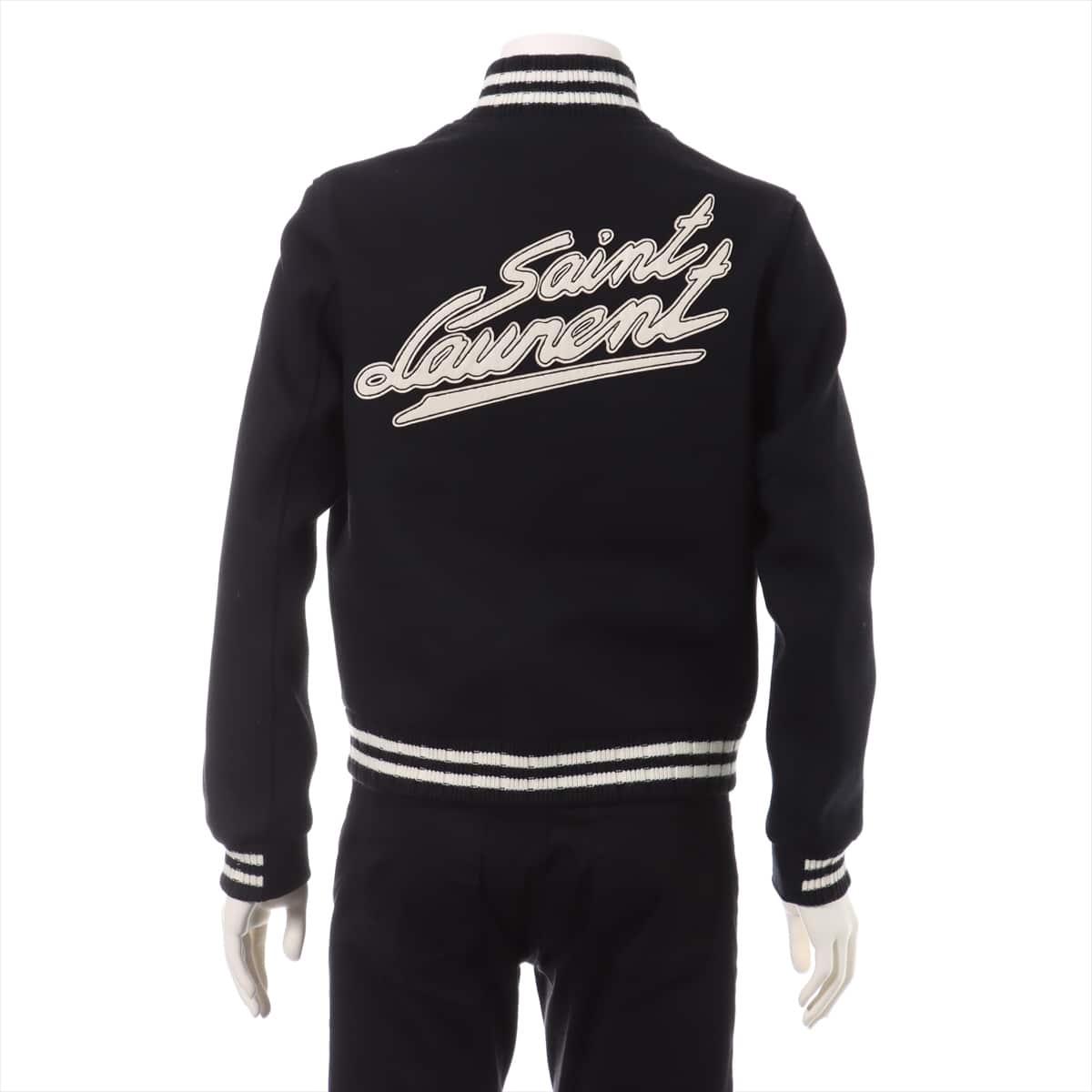 Saint Laurent Paris Teddy 20AW Wool & nylon Stadium jumper 46 Men's Black × White  leather trim