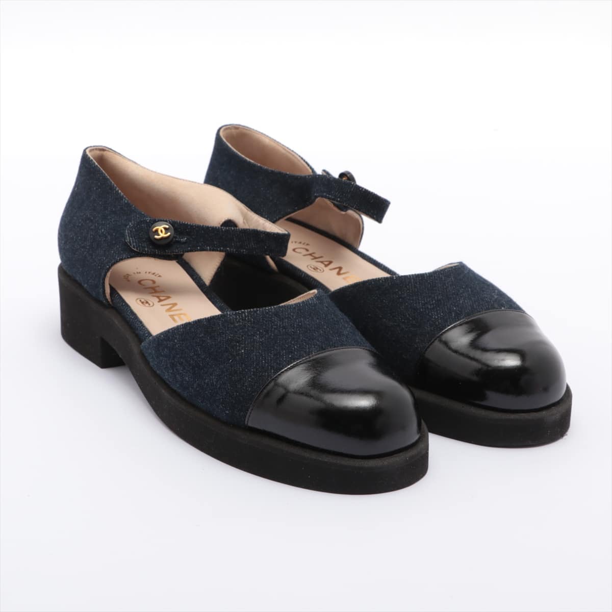 Chanel Denim × Patent Leather Sandals 37.5 Ladies' Blue Coco Mark