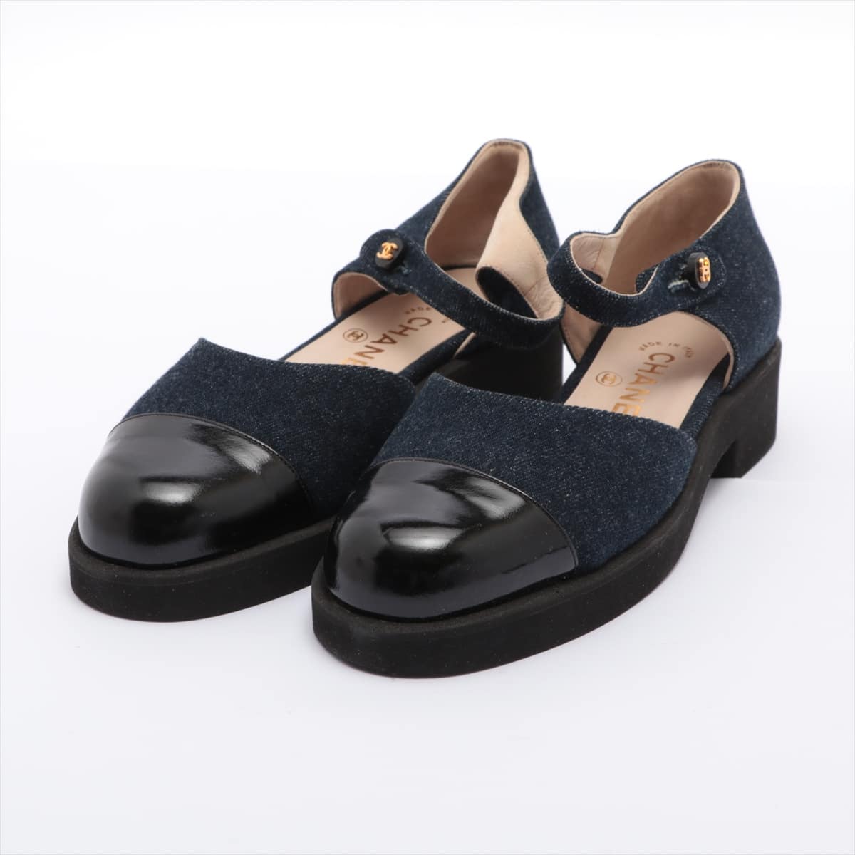 Chanel Denim × Patent Leather Sandals 37.5 Ladies' Blue Coco Mark
