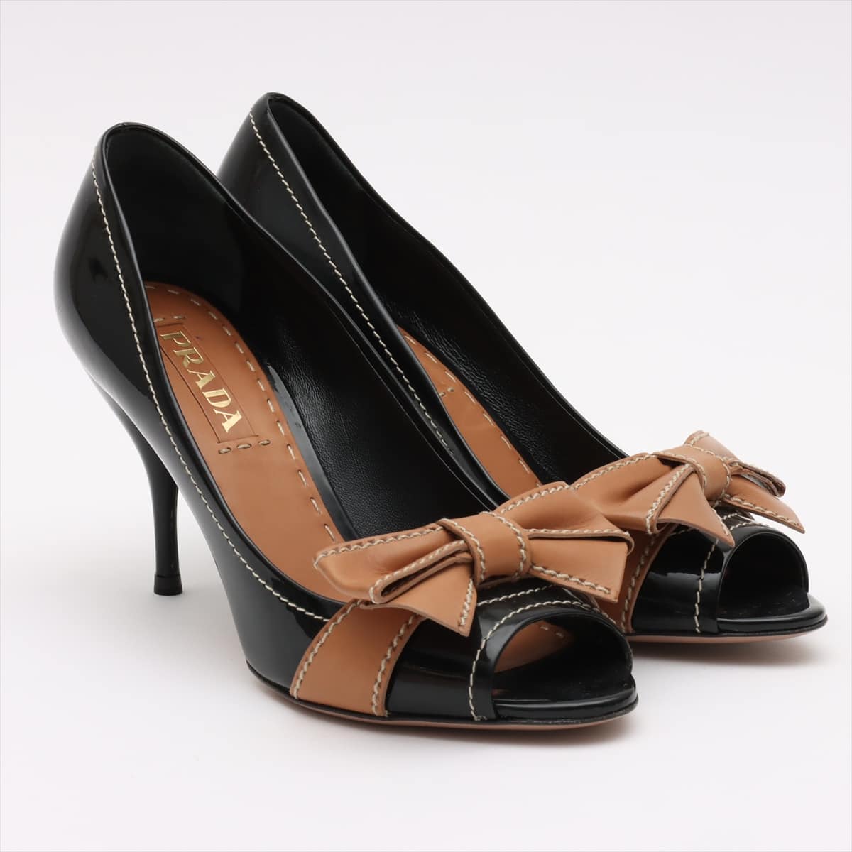 Prada Patent leather Open-toe Pumps 37 1/2 Ladies' Black × Brown Ribbon
