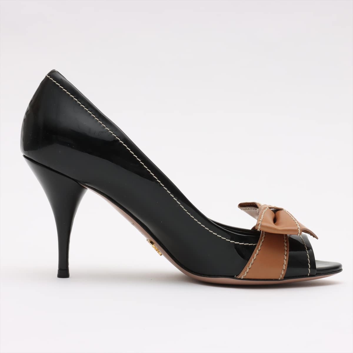 Prada Patent leather Open-toe Pumps 37 1/2 Ladies' Black × Brown Ribbon