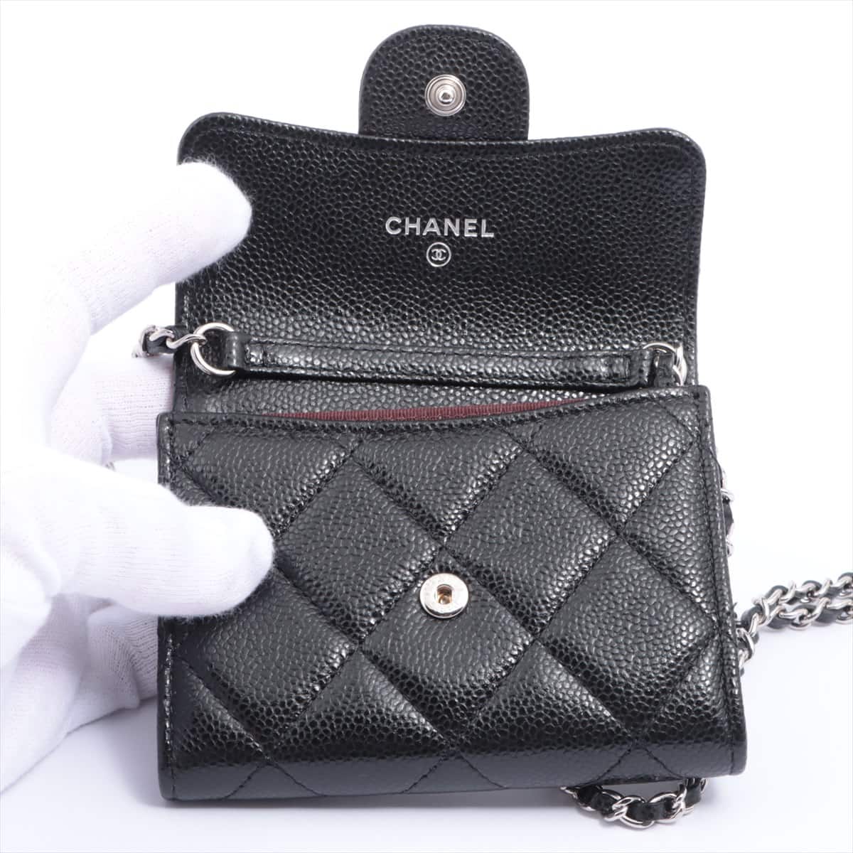 Chanel Matelasse Caviarskin Chain wallet Black Silver Metal fittings 30