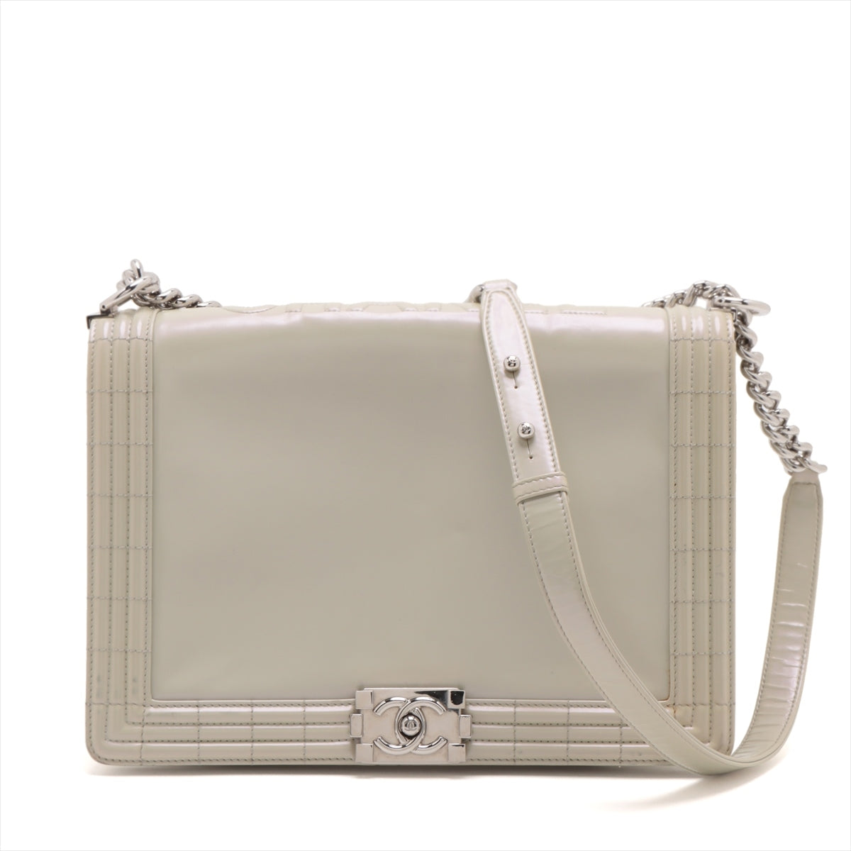 Chanel Boy Chanel Patent Leather Chain Shoulder Bag pearl white Silver Metal Fittings 16XXXXXX