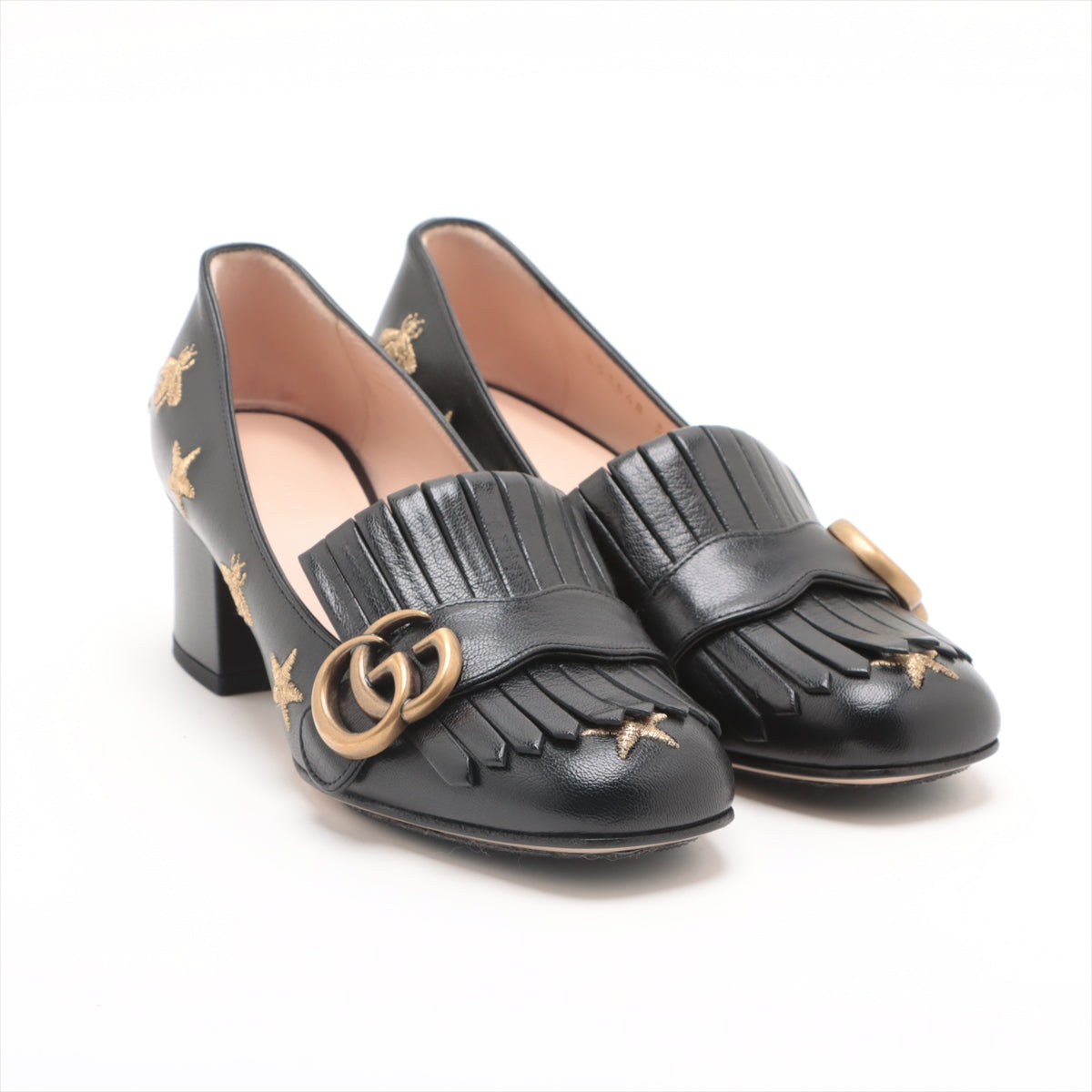 Gucci GG Marmont Leather Pumps 35.5 Ladies' Black 551548 Bee Star embroidery Fringe Box Included