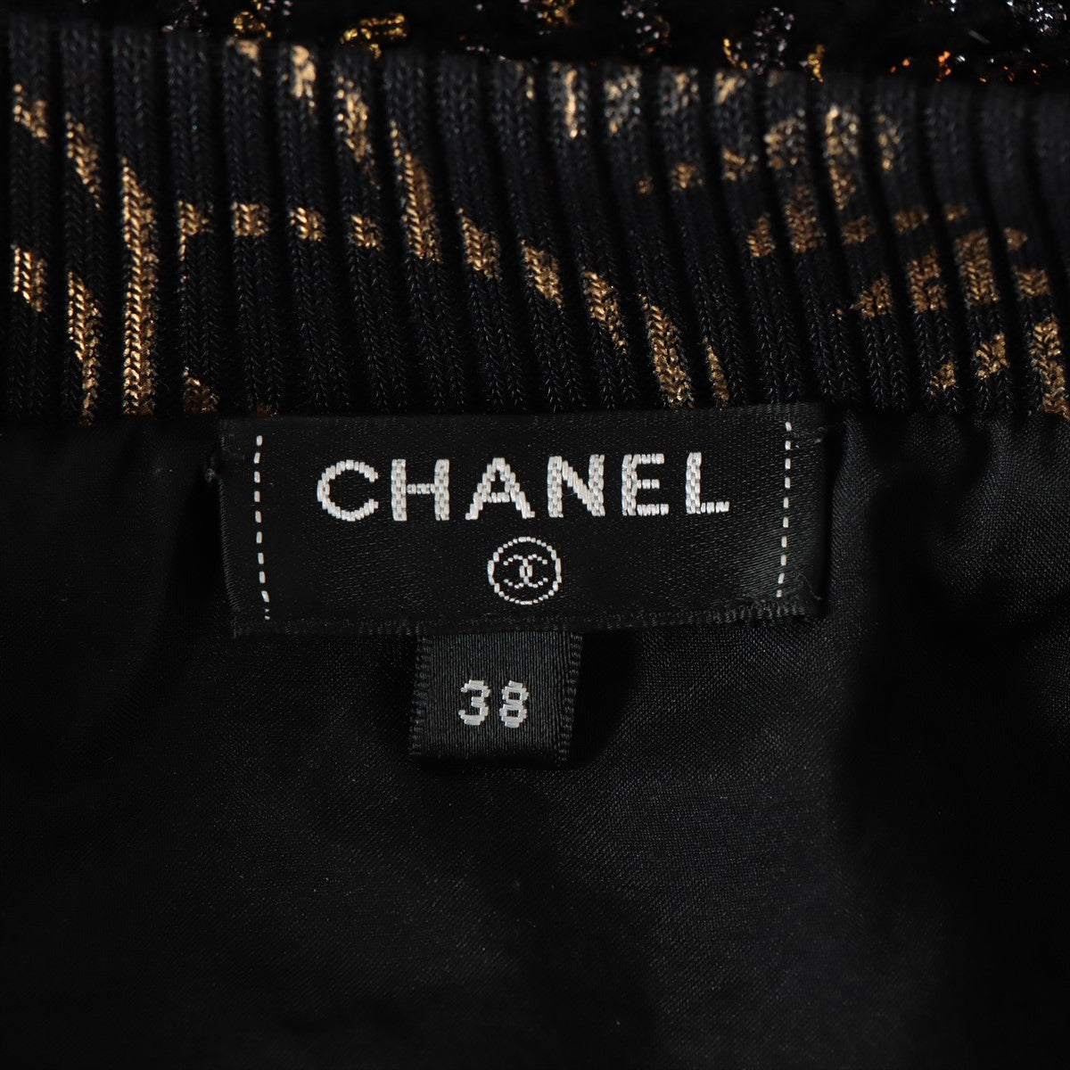 Chanel Camelia P61 Wool & nylon Basic knitted fabric 38 Ladies' Black×Gold  Tweed