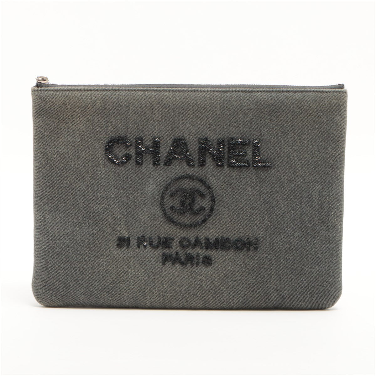 Chanel Deauville canvass Clutch bag Grey Silver Metal fittings 24XXXXXX