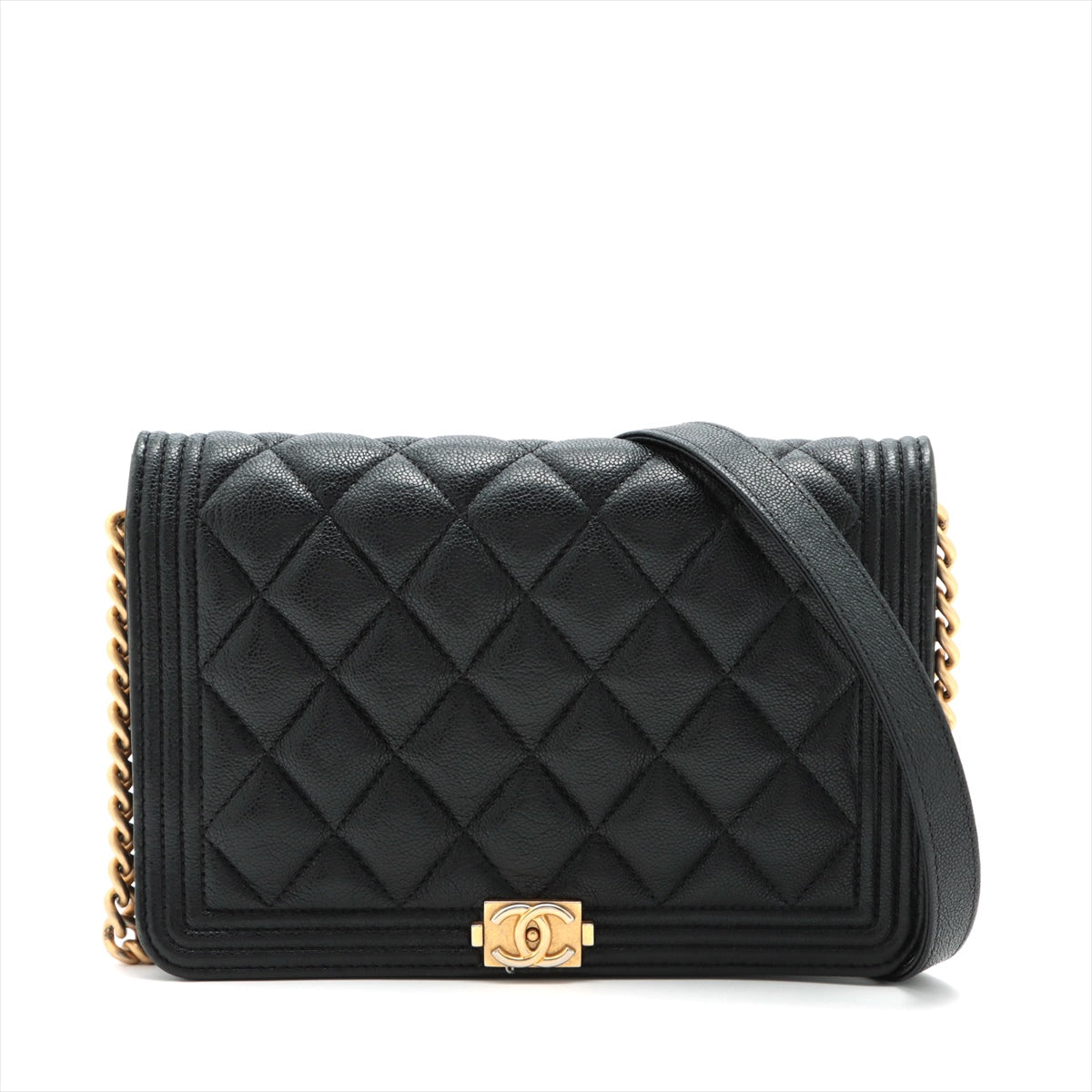 Chanel Boy Chanel Caviarskin Chain wallet Black Gold Metal fittings 28 ...