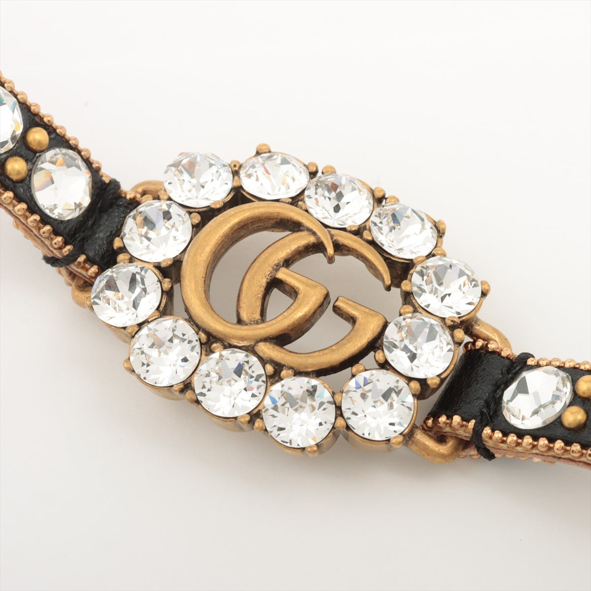 Gucci Double G Bracelet GP x rhinestone x leather Black×Gold