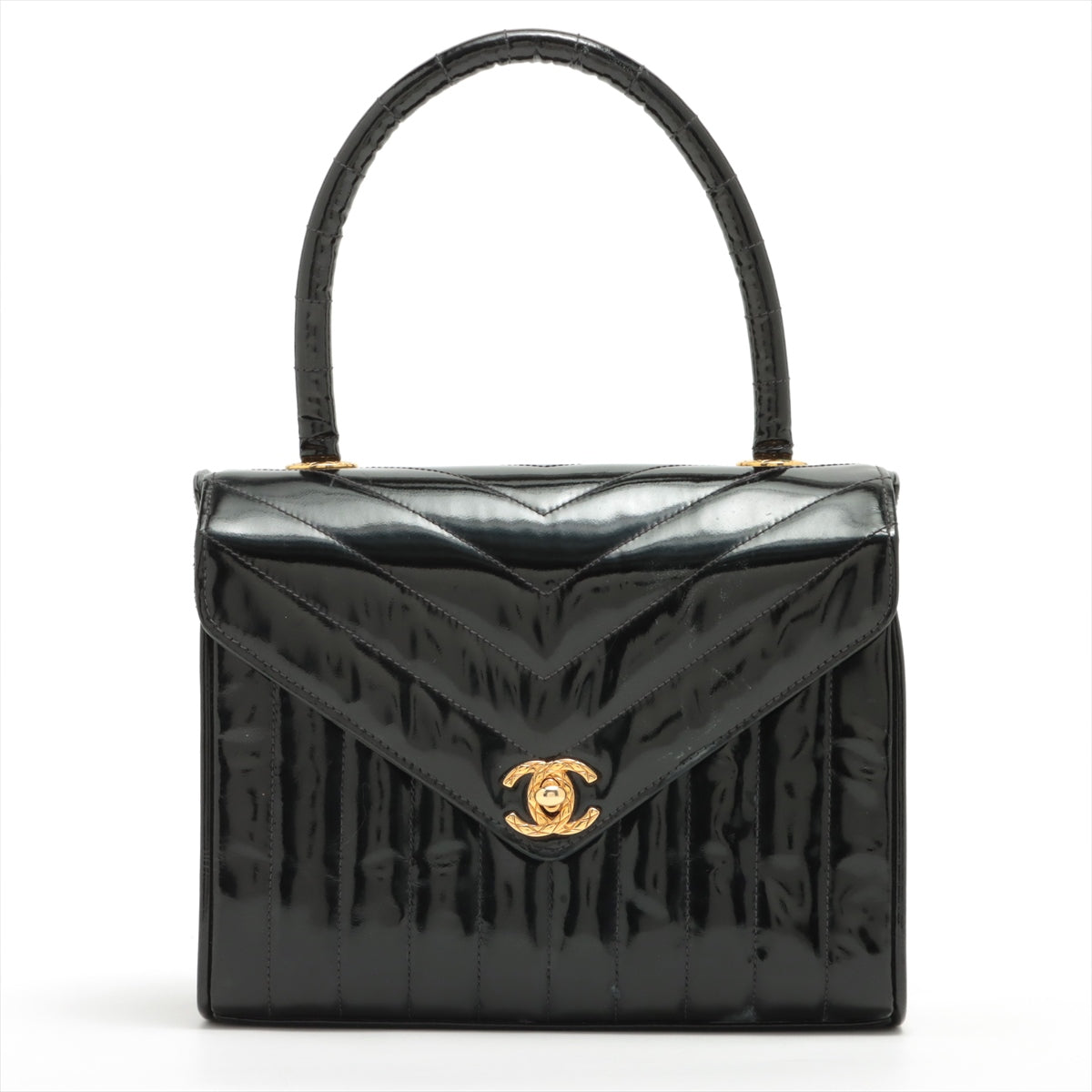 Chanel V Stitch Patent leather Hand bag Black Gold Metal fittings