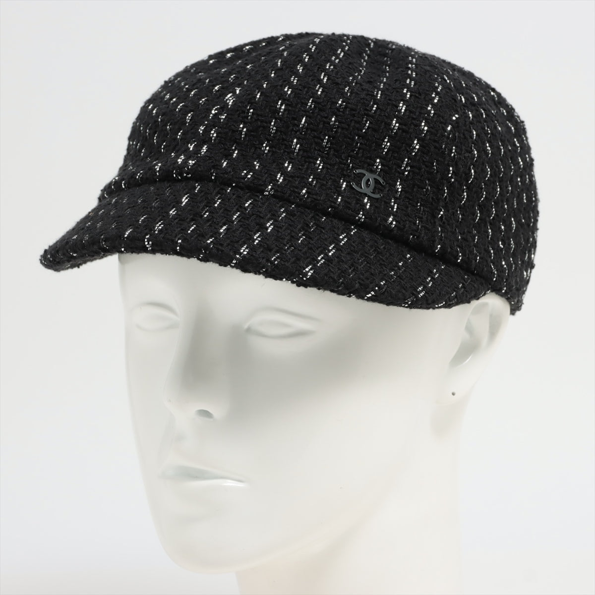 Chanel Coco Mark 23P Cap M Cotton & polyester Black Tweed Newsboy cap