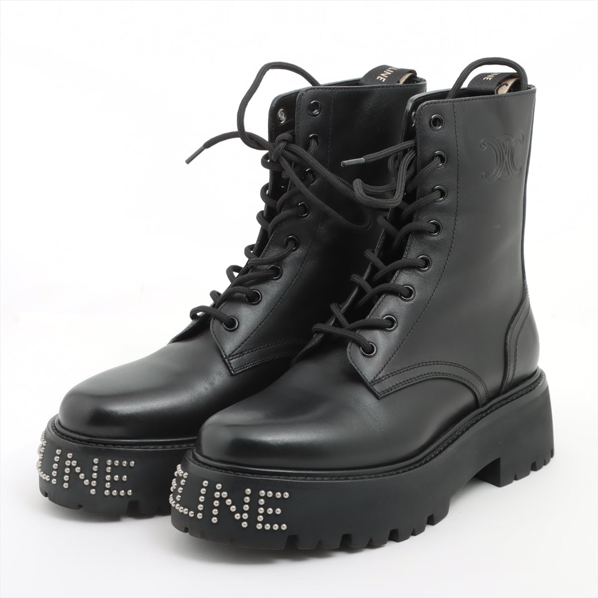 CELINE Leather Boots 37 Ladies' Black bulky Triomphe logo studs