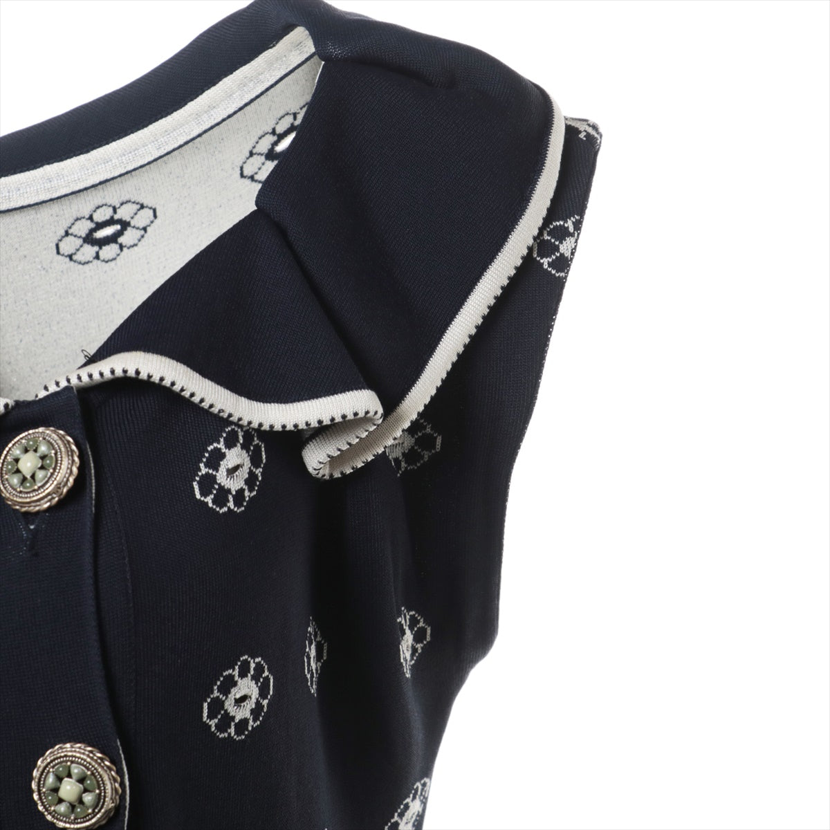 Chanel P49 Rayon × Silk Sleeveless dress 38 Ladies' White x navy  Gripore button