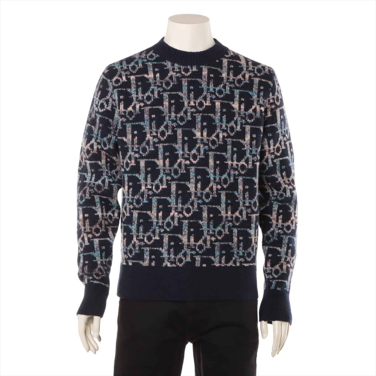 DIOR Oblique Wool Sweater S Men's Navy blue  Jacquard Logo total handle 193M638AT344
