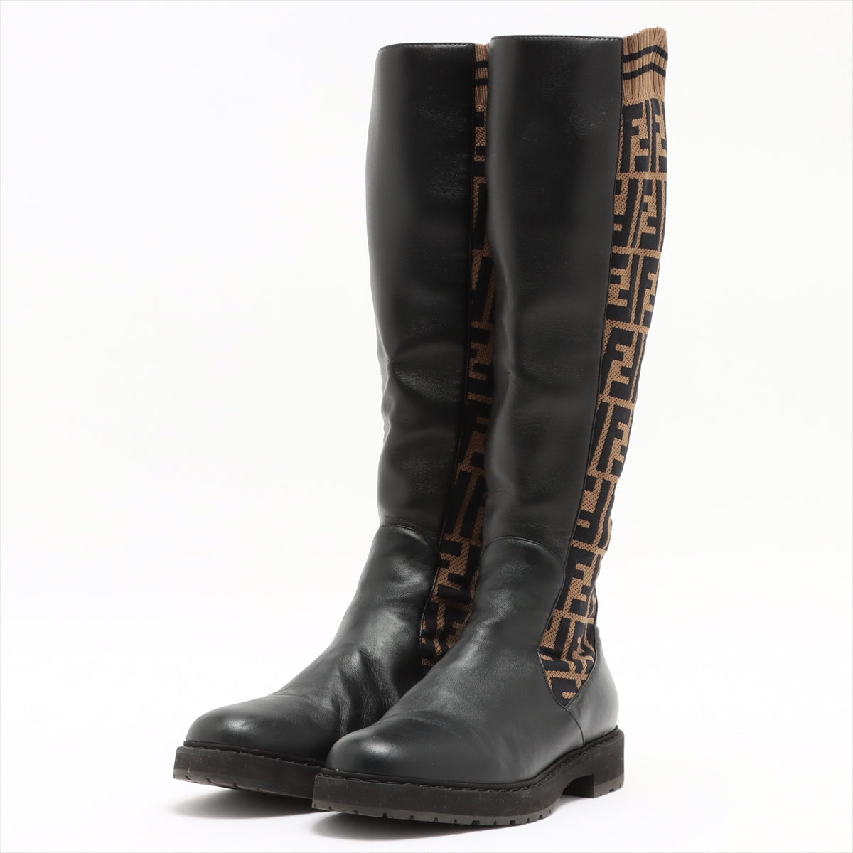 Fendi ZUCCa Leather x fabric Long boots 37 Ladies' Black × Brown