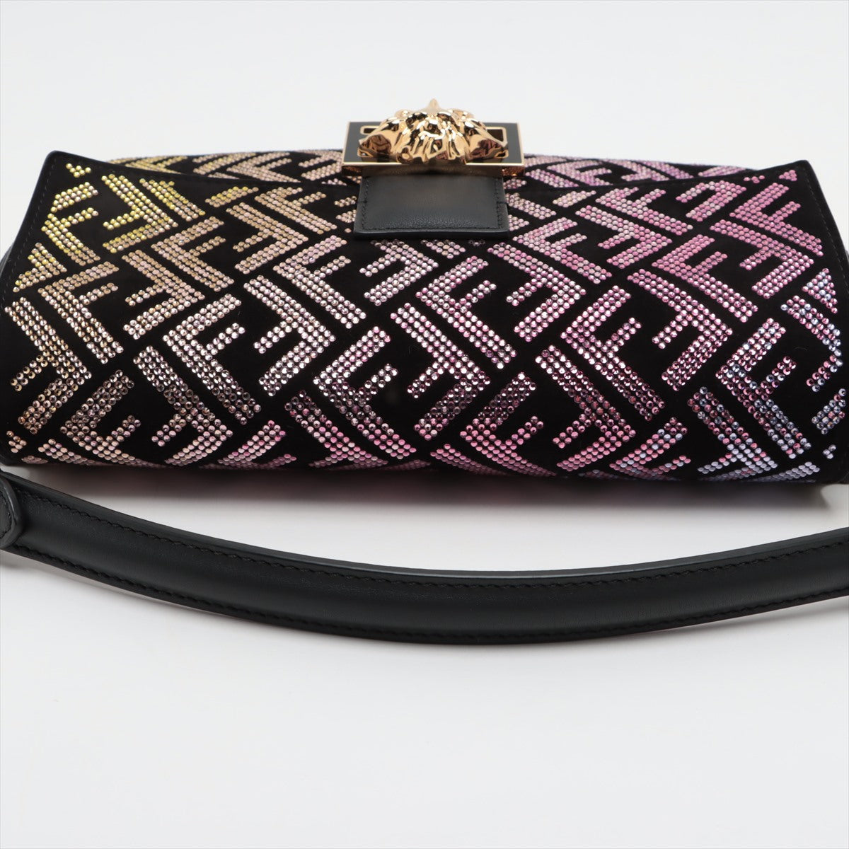 Fendi x Versace Mamma Baguette Leather x rhinestone Shoulder bag Black 8BR600
