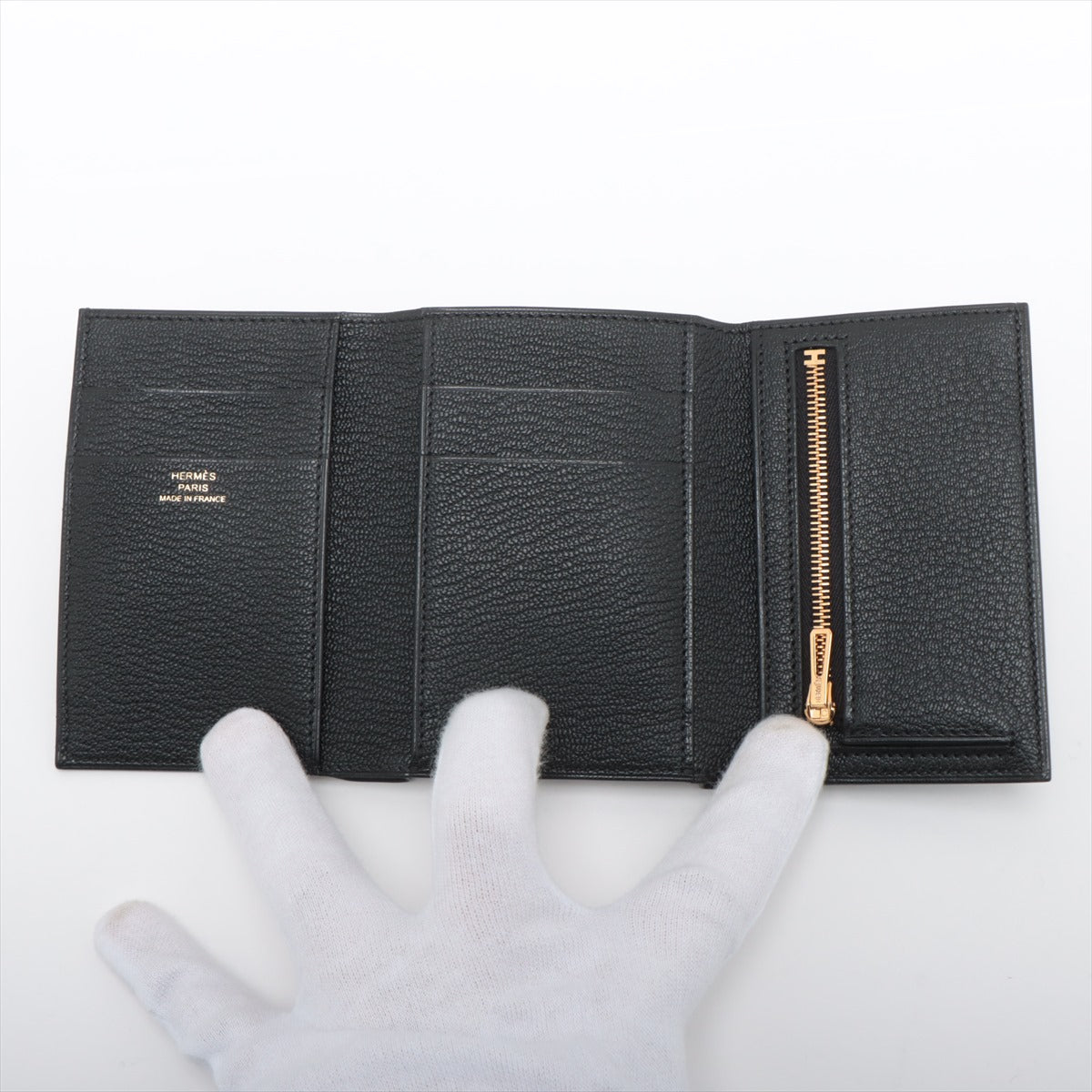 Hermès Bearn Compact Chevre myzore Compact Wallet Black Gold Metal fittings B: 2023