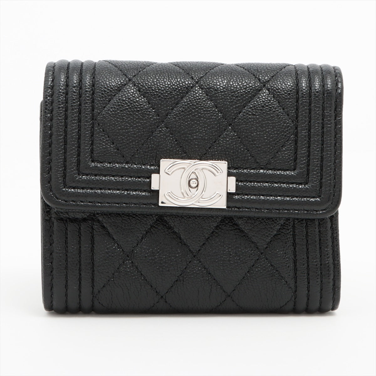 Chanel Boy Chanel Caviarskin Wallet Black Silver Metal fittings 28th
