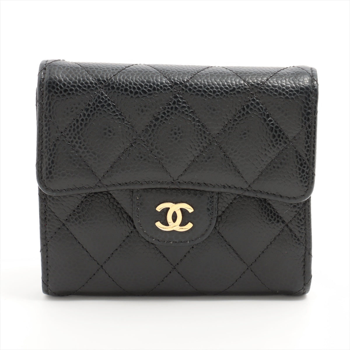 Chanel Matelasse Caviarskin Compact Wallet Black Gold Metal fittings 30