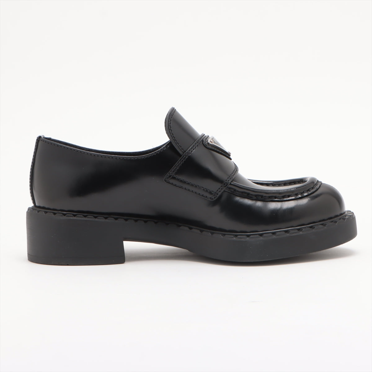 Prada Chocolate Leather Loafer 34 1/2 Ladies' Black Triangle logo There is a box