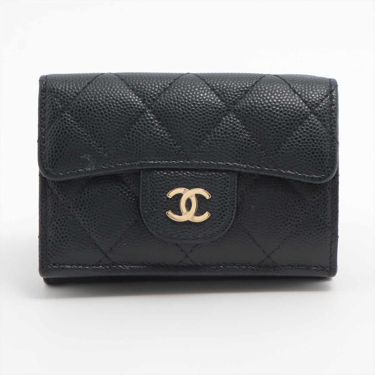 Chanel Matelasse Caviarskin Compact Wallet Black Gold Metal fittings random