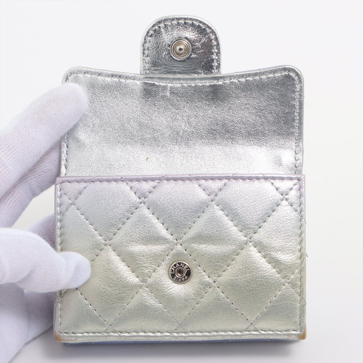 Chanel Matelasse Lambskin Compact Wallet metallic purple Silver Metal fittings 31st Green Gradation