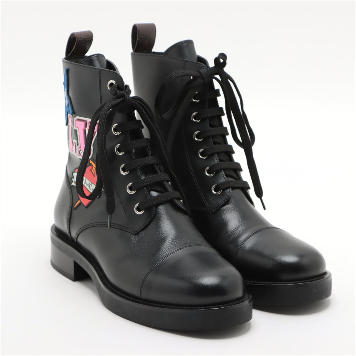 Louis Vuitton black heart line 18 years Leather Short Boots 37 Ladies' Black NL0168 Logo Patches