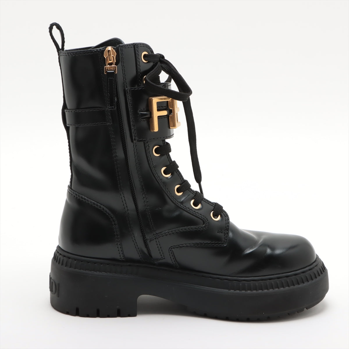 Fendi Leather Short Boots 36 Ladies' Black Logo Lace up zips