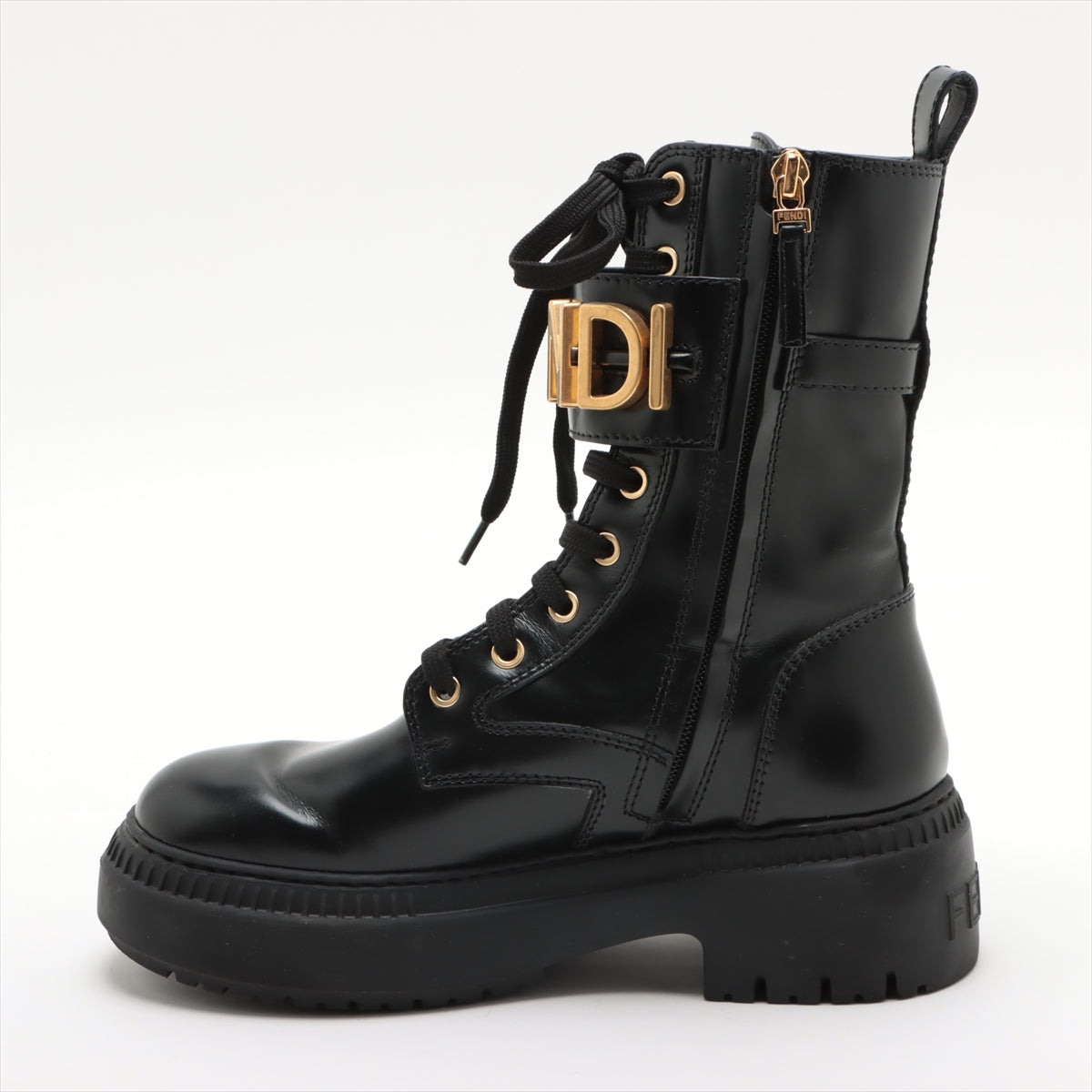 Fendi Leather Short Boots 36 Ladies' Black Logo Lace up zips