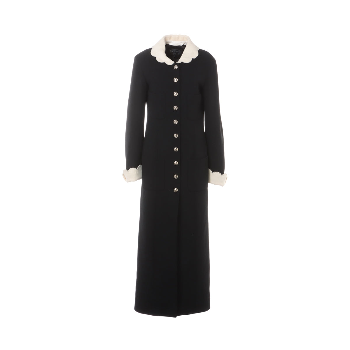 Chanel Coco Button 20K Wool & silk robes 38 Ladies' Black  Long coat P65305V34823 collars Detachable cuffs