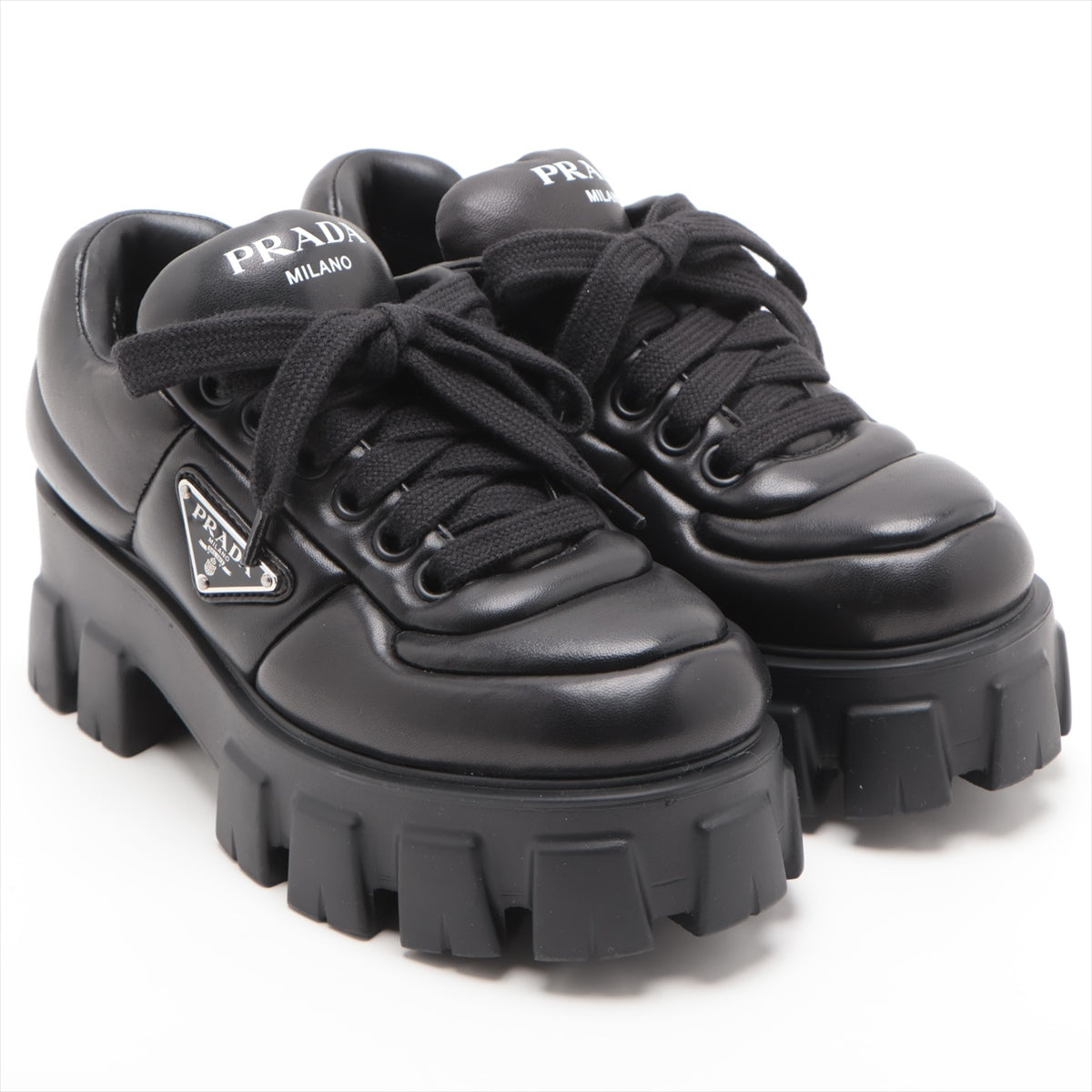 Prada Leather Sneakers 36 Ladies' Black Triangle logo putted Monolith