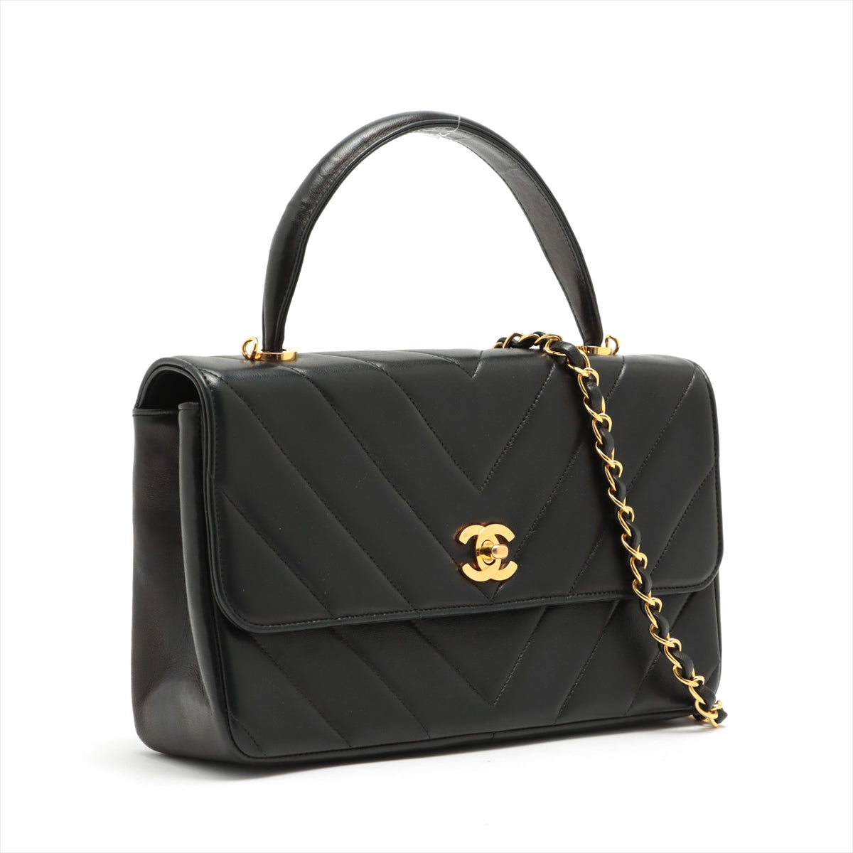 Chanel V Stitch Ram leather 2way shoulder bag Black Gold Metal fittings