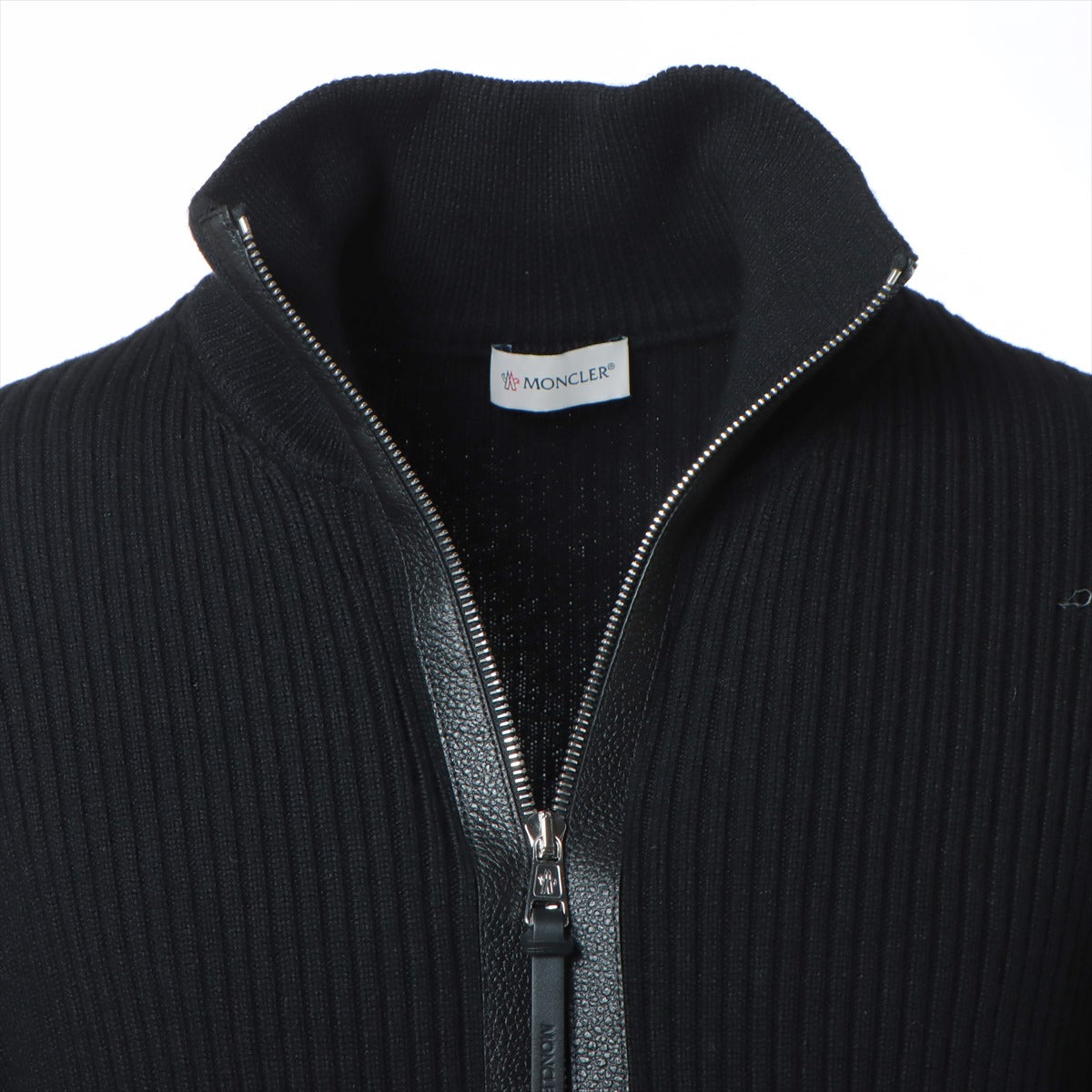 Moncler 22AW Wool Knit L Men's Black  Drivers leather piping Zip up
