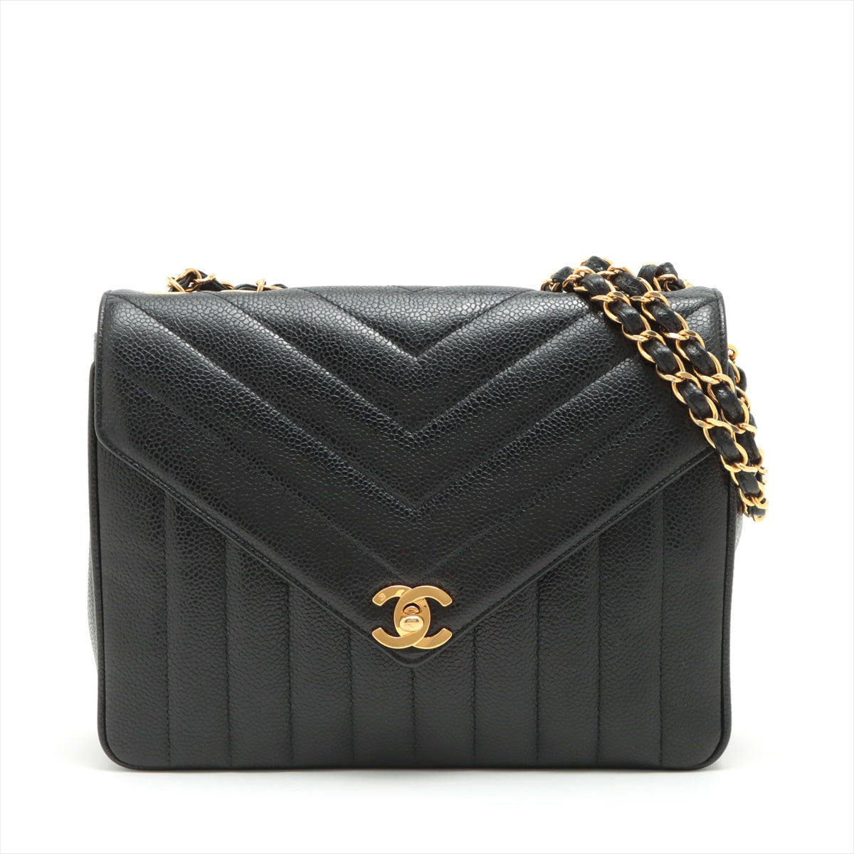 Chanel Chevron Caviarskin Single flap Double chain bag Mademoiselle Black Gold Metal fittings 2XXXXXX