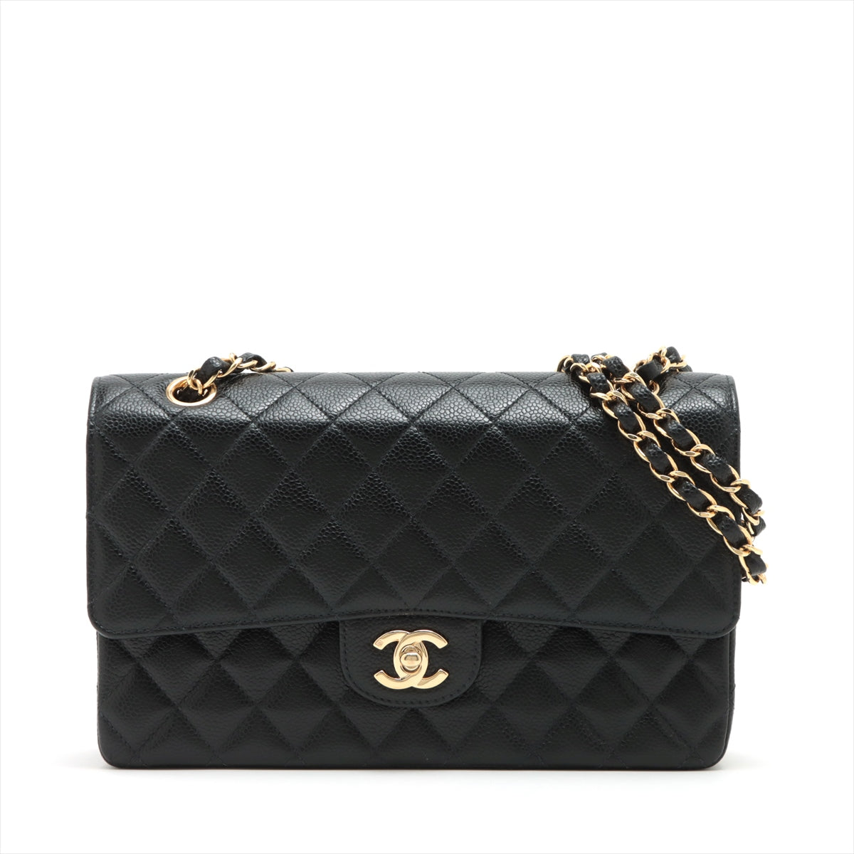 Chanel Matelasse Caviarskin Double flap Double chain bag Black Gold Metal fittings 7XXXXXX Comes with other galleries