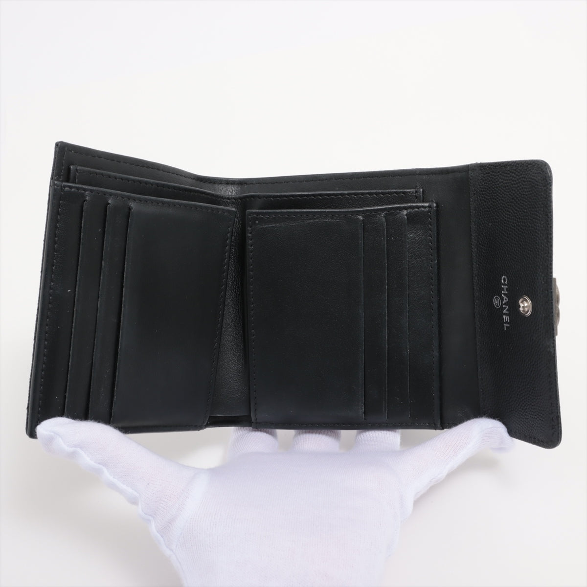 Chanel Boy Chanel Caviarskin Compact Wallet threefold Black Silver Metal fittings 31st