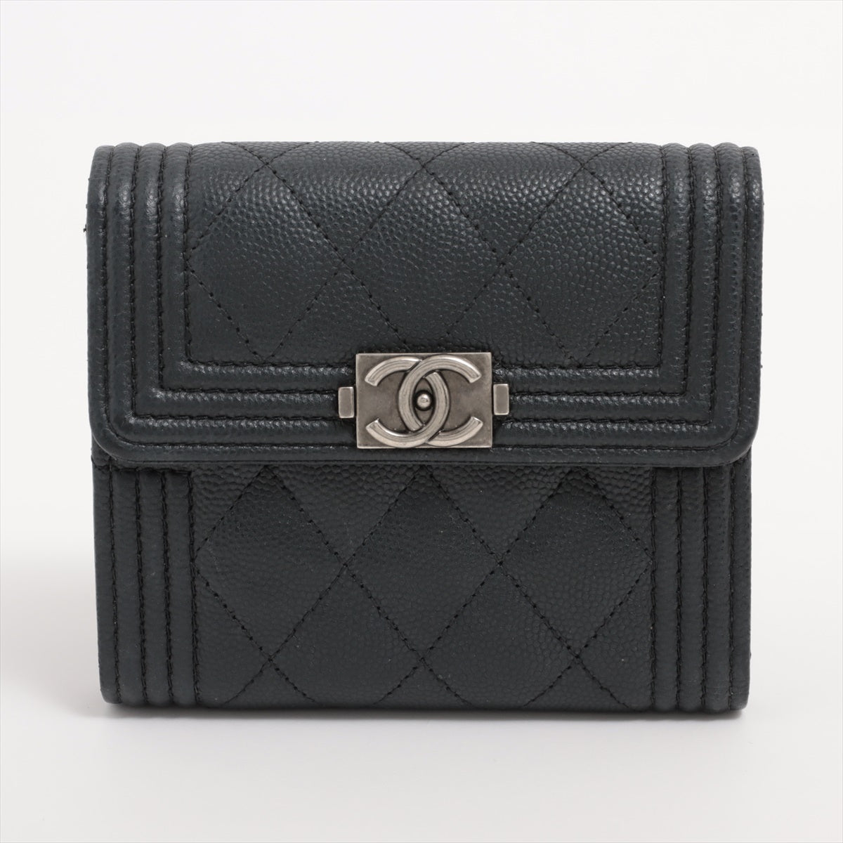 Chanel Boy Chanel Caviarskin Compact Wallet threefold Black Silver Metal fittings 31st