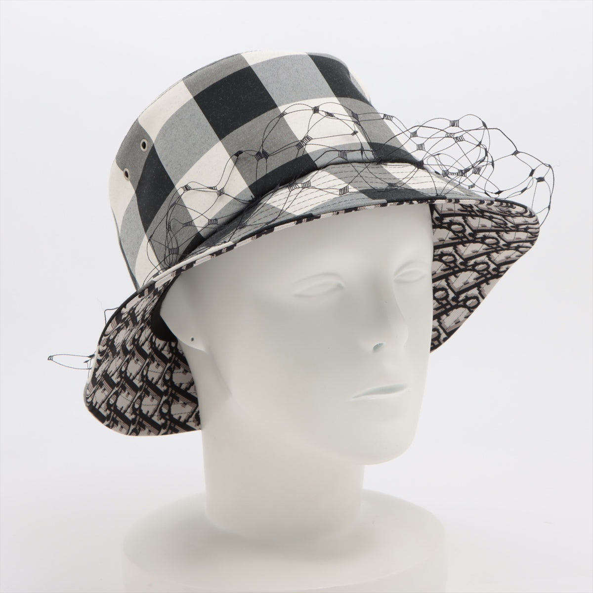 DIOR cheques Hat 58 Cotton & polyester Black × White 95TDD923G142 with tulle  veils BOB HAT Oblique