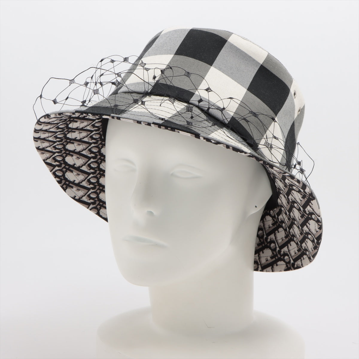 DIOR cheques Hat 58 Cotton & polyester Black × White 95TDD923G142 with tulle  veils BOB HAT Oblique