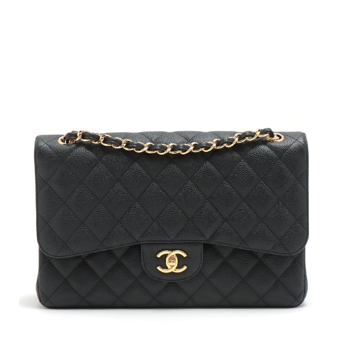 Chanel Matelasse Caviarskin Double flap Double chain bag Black Gold Metal fittings 16XXXXXX