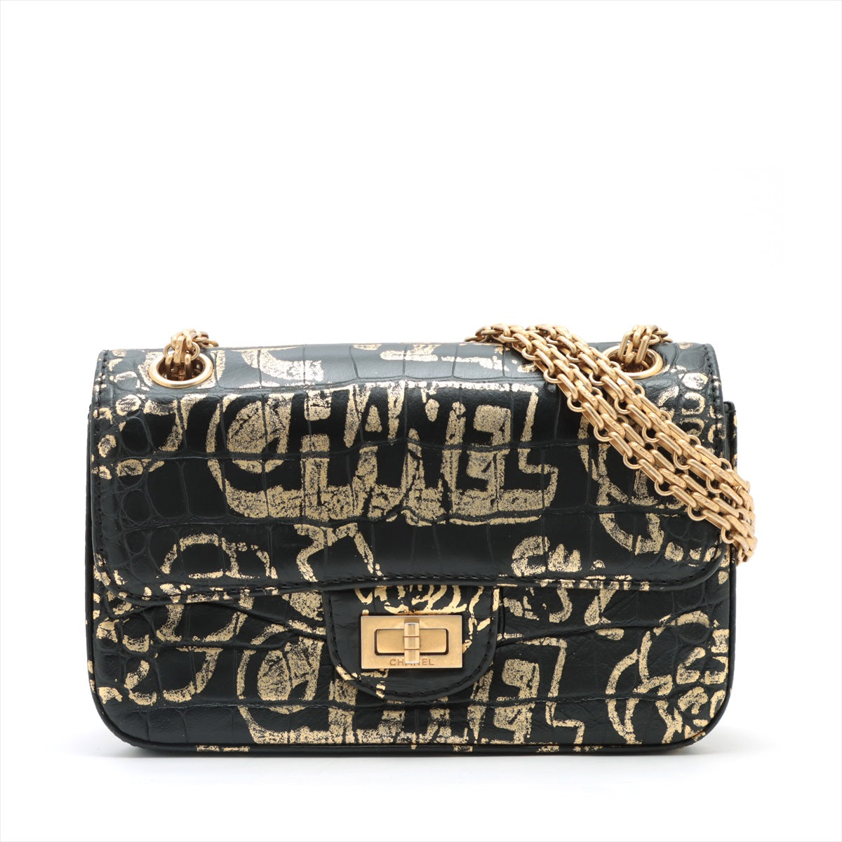 Chanel 2.55 Leather Single flap Double chain bag Graffiti Black Gold Metal fittings 28th