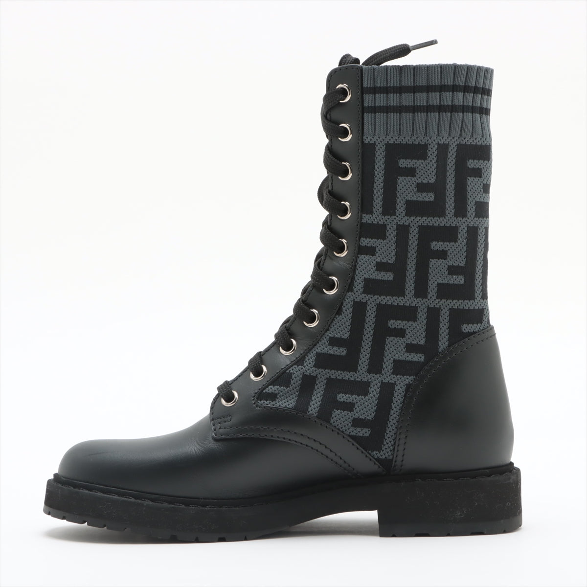 Fendi ZUCCa Knit × Leather Boots 35 Ladies' Black x Navy Lace up