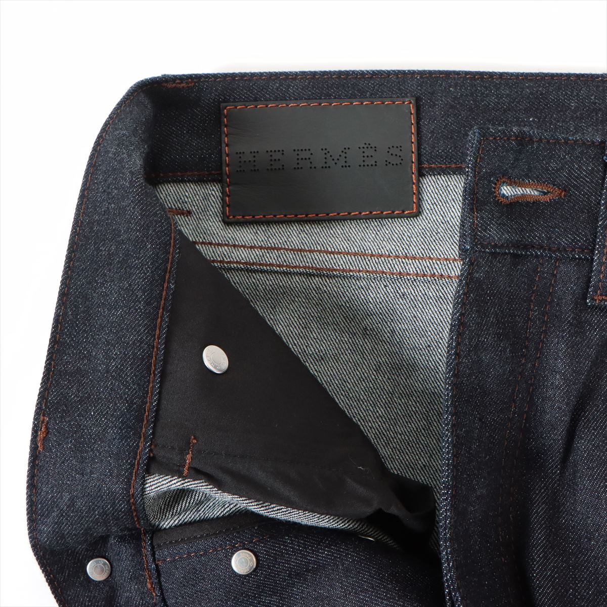 Hermès Cotton & leather Denim pants 40 Men's Navy blue  Serie button