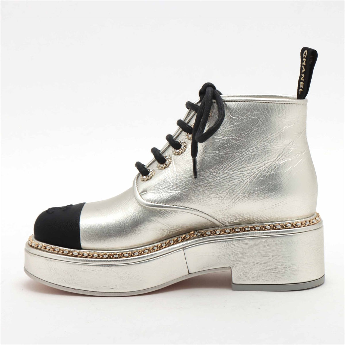 Chanel Coco Mark 21P Patent leather Short Boots 36C Ladies' Silver G35367 Chain There is a box
